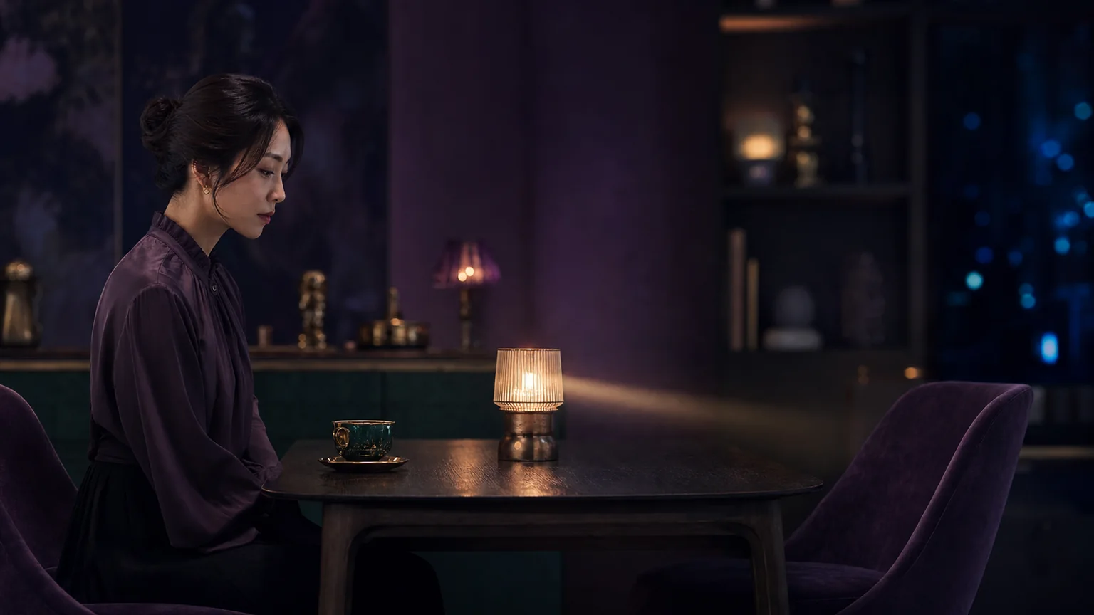 보랏빛 살롱에서 한 여성이 빈 의자를 마주한 채 자신의 말을 삼키며 관계 안에서 작아지는 순간