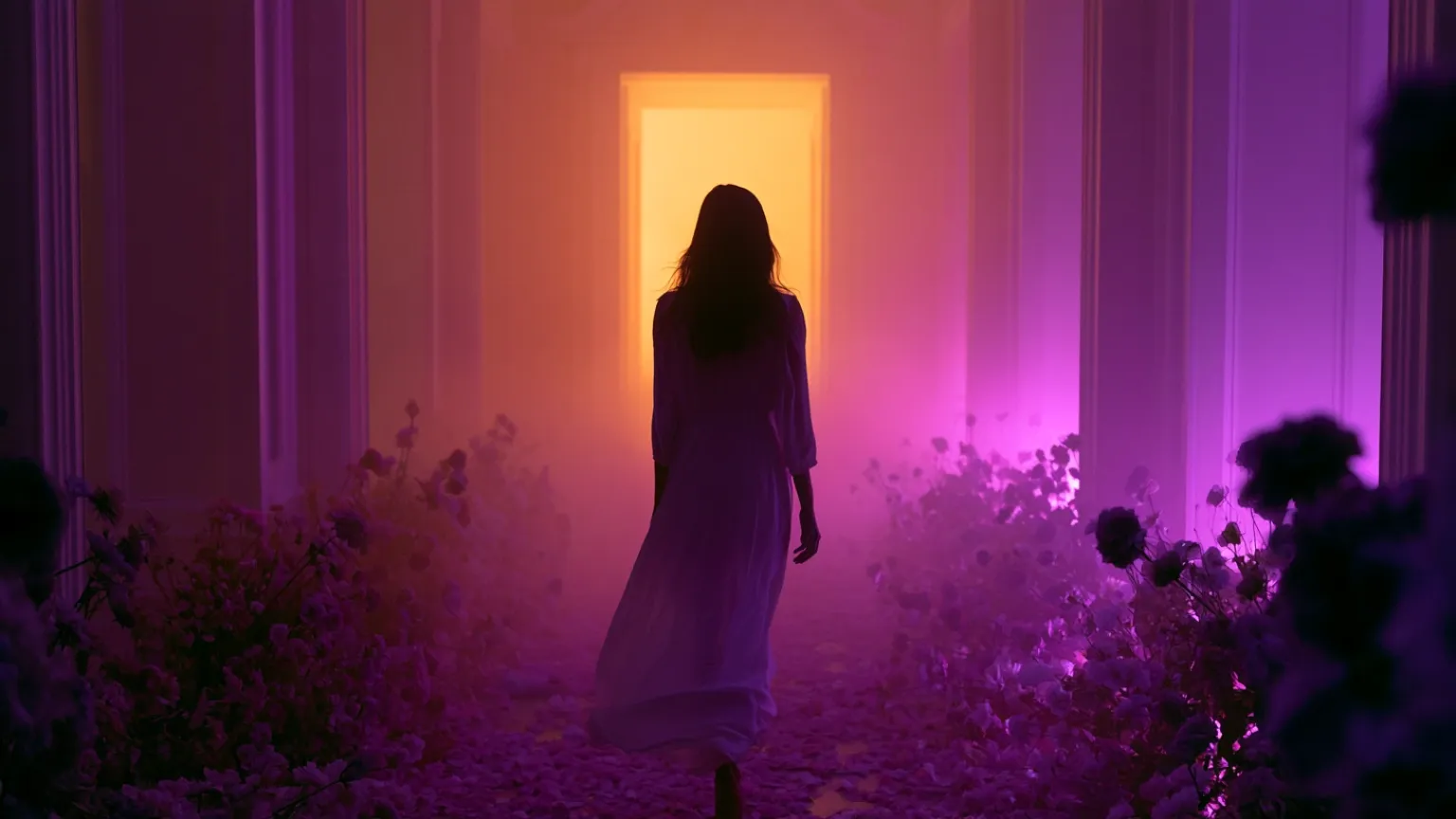 자존감을 회복한 여성이 빛 속으로 걸어가는 실루엣, champagne과 lavender 톤의 에디토리얼 감성